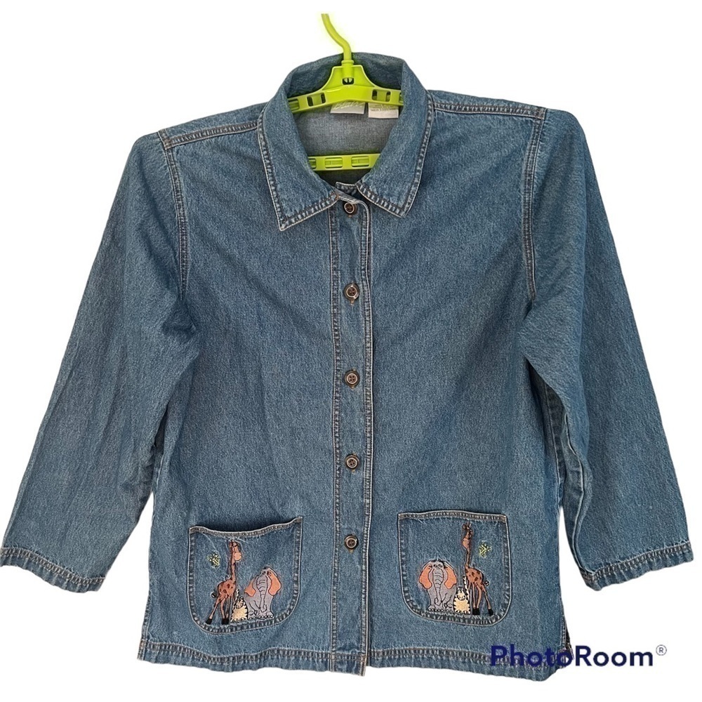 BLAIR vintage animal theme embroidered denim shirt novelty print plus size M.
